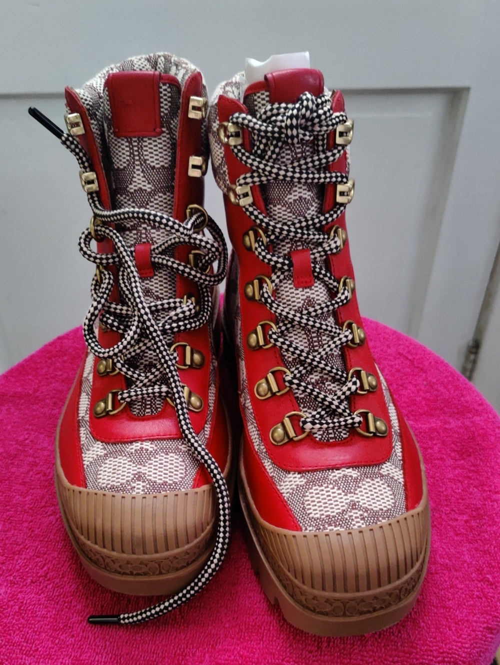 Coach Red and Brown Lace-Up High-Top Women's Boots